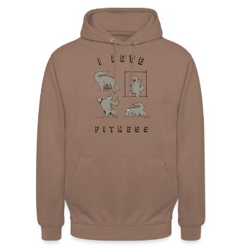 I Love Fitness T-Rex Dino - Unisex Hoodie - Mokka - Vorne - Alina (178cm) & Michal (187cm)
