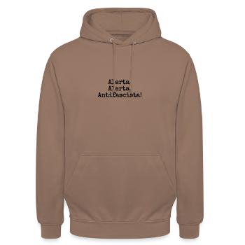 zeitGEIST-Statement "Alerta" - Unisex Hoodie - Mokka - Vorne - Alina (178cm) & Michal (187cm)