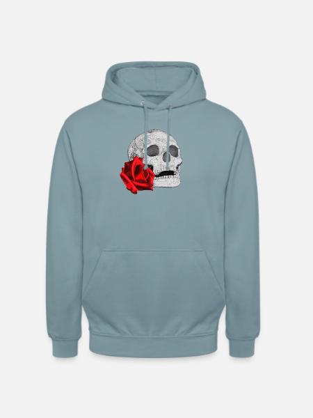 Schädel mit roter Rose - Unisex Hoodie - Nebelblau