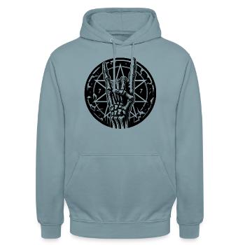 Knochenhand mit Pentagramm macht devil horns - Unisex Hoodie - Nebelblau - Vorne - Alina (178cm) & Michal (187cm)