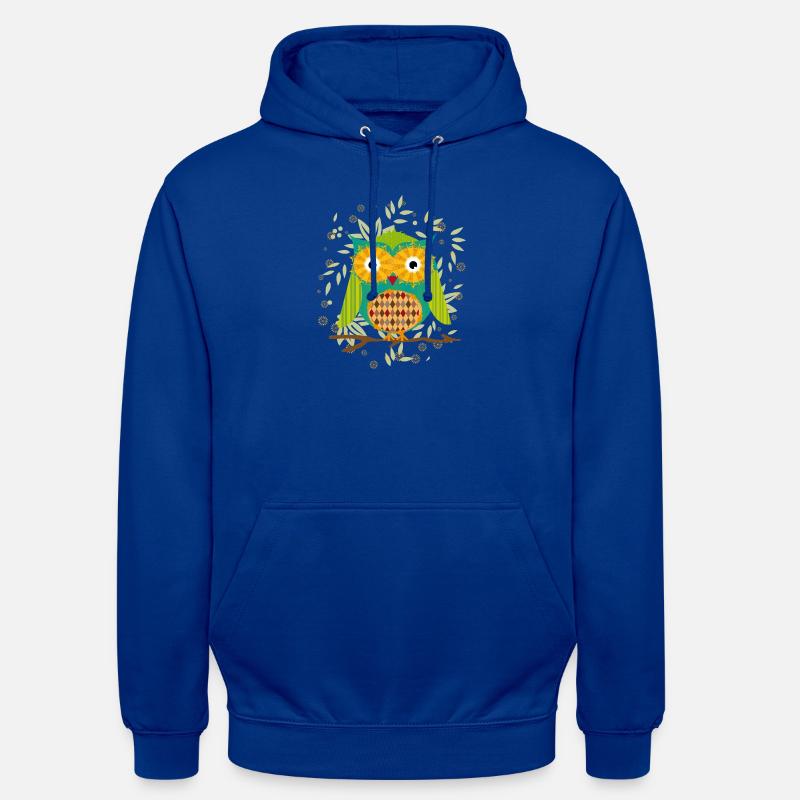 kunstvoll gestaltete Eule mit Patchwork-Muster - Unisex Hoodie - Royalblau