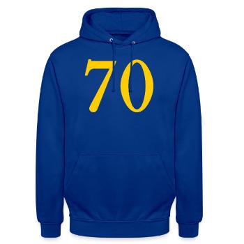 70. 70 ANS. 70e ANNIVERSAIRE. ANNIVERSAIRE 70 ANS. - Sweat-shirt à capuche unisexe - bleu royal - Devant - Alina (178cm) & Michal (187cm)