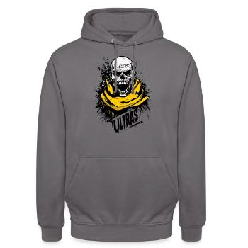 Supporter des Dortmund Football Ultras - Sweat-shirt à capuche unisexe - gris éléphant - Devant - Alina (178cm) & Michal (187cm)