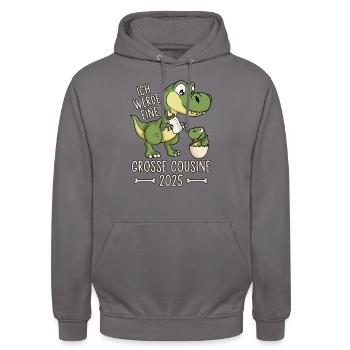 Dino Baby Ei Große Cousine 2025 Dinosaurier - Unisex Hoodie - Mittelgrau - Vorne - Alina (178cm) & Michal (187cm)