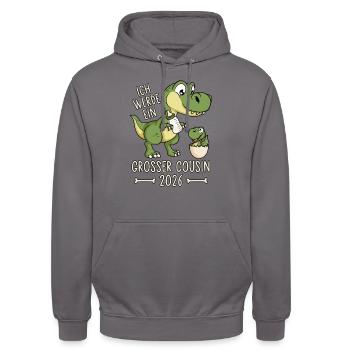 Großer Cousin 2026 Dino Baby Ei Dinosaurier - Unisex Hoodie - Mittelgrau - Vorne - Alina (178cm) & Michal (187cm)