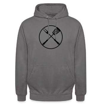 rund koch grillen kreis logo essen grillgabel pfan - Unisex Hoodie - Mittelgrau - Vorne - Alina (178cm) & Michal (187cm)