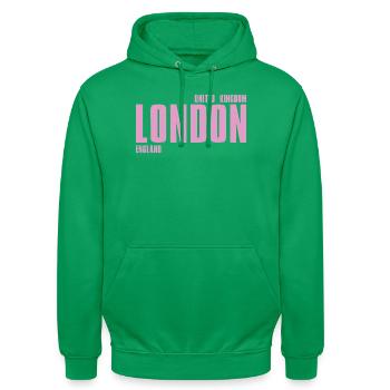 London Pink Bold Typography - Unisex Hoodie - kelly green - Front - AI Model Male 185 light (185cm) & AI Model Female 180 light (180cm)