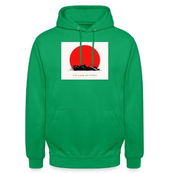 Red Sun Rennwagen: Land der Geschwindigkeit - Unisex Hoodie - Kelly Green - Vorne - AI Model Male 185 light (185cm) & AI Model Female 180 light (180cm)