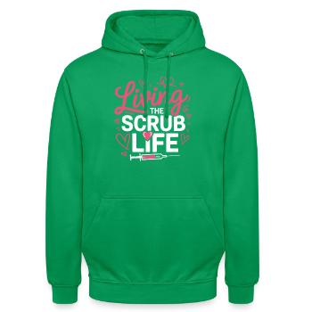 Living the Scrub Life - Unisex Hoodie - kelly green - Front - AI Model Male 185 light (185cm) & AI Model Female 180 light (180cm)