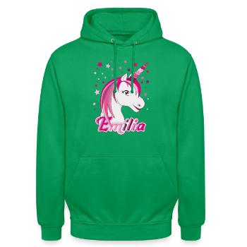 Emilia, maiden name, favorite name - Unisex Hoodie - kelly green - Front - AI Model Male 185 light (185cm) & AI Model Female 180 light (180cm)