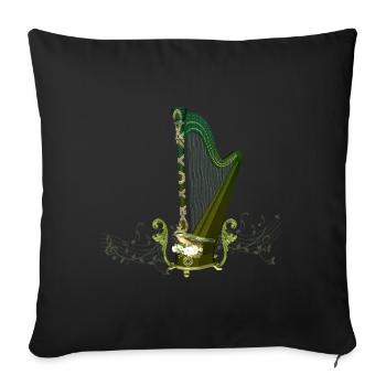 Harpe celtique avec noeud celtique et fleurs avec oiseau - Housse de coussin décorative 45 x 45 cm - noir - Devant