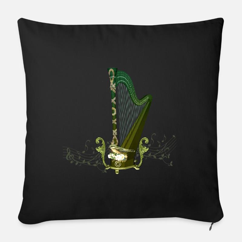Keltische Harfe mit keltischem Knoten und Blumen mit Vogel - Sofakissenbezug 45 x 45 cm - Schwarz
