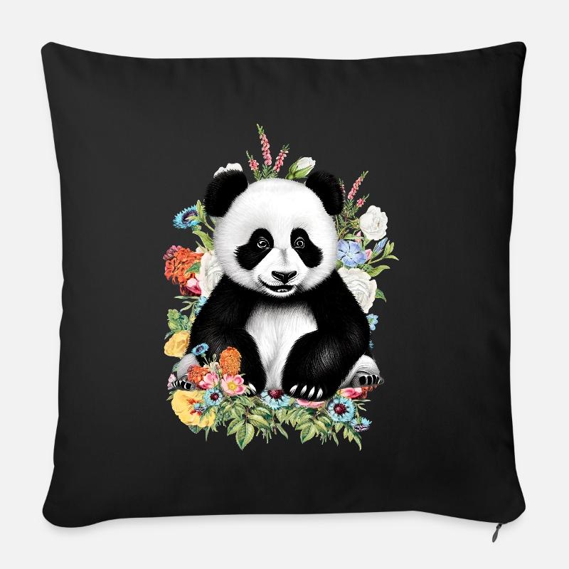 Panda Blumen - Sofakissenbezug 45 x 45 cm - Schwarz