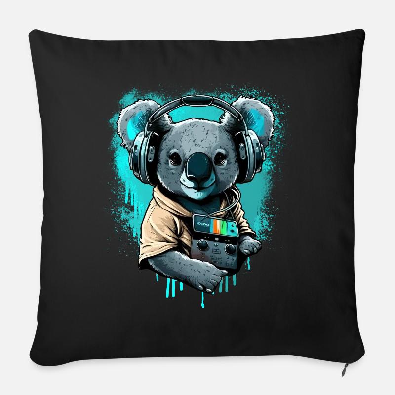 koala avec écouteurs et Walkman - Housse de coussin décorative 45 x 45 cm - noir