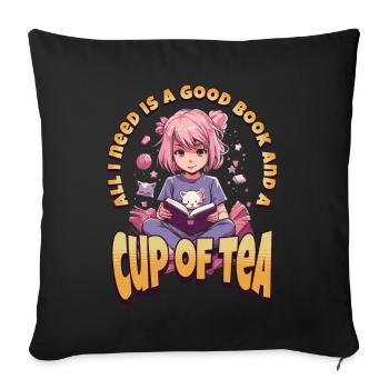 Cup of Tea - Kawaii Anime Girl for Bookworms - Sofa pillowcase 17,3'' x 17,3'' (45 x 45 cm) - black - Front