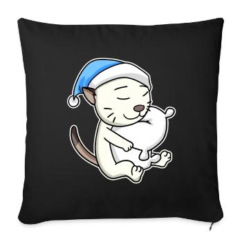 Dormir fatigué - Chat avec oreiller et bonnet somnolent - Housse de coussin décorative 45 x 45 cm - noir - Devant