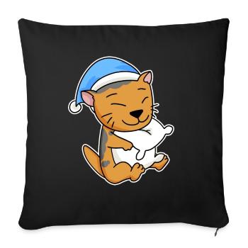 Sleeping Tired - Cat with Pillow and Sleepy Cap - Sofa pillowcase 17,3'' x 17,3'' (45 x 45 cm) - black - Front