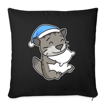 Dormir fatigué - Chat avec oreiller et bonnet somnolent - Housse de coussin décorative 45 x 45 cm - noir - Devant