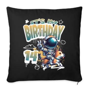 Astronaute 14e anniversaire Chien de l'espace drôle - Housse de coussin décorative 45 x 45 cm - noir - Devant