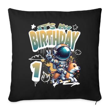 Astronaute 1er anniversaire Chien de l'espace drôle - Housse de coussin décorative 45 x 45 cm - noir - Devant