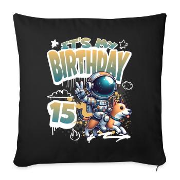 Astronaute 15e anniversaire Chien de l'espace drôle - Housse de coussin décorative 45 x 45 cm - noir - Devant