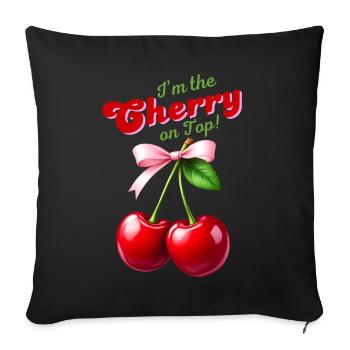 Je suis la cerise sur le gâteau - Cerises avec un nœud rose - Housse de coussin décorative 45 x 45 cm - noir - Devant