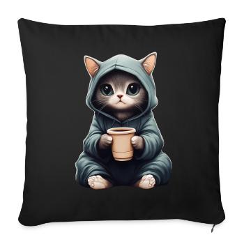 Mignon : Chat dans un sweat à capuche avec du café - Housse de coussin décorative 45 x 45 cm - noir - Devant