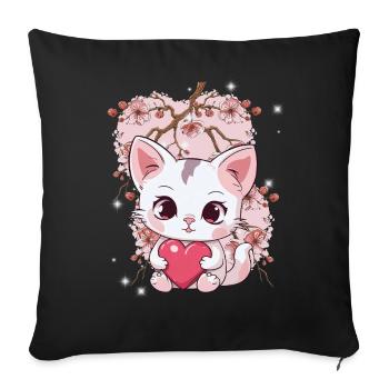 Cherry Blossom Cat Cats Heart Hearts Kids - Sofa pillowcase 17,3'' x 17,3'' (45 x 45 cm) - black - Front
