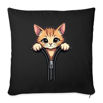 Chat curieux derrière une fermeture éclair - Housse de coussin décorative 45 x 45 cm - noir - Devant