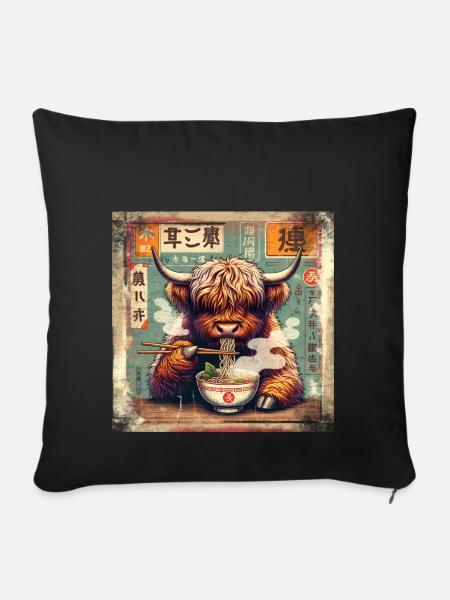 Ramen Highland Cow Grunge Poster Style - Sofakissenbezug 45 x 45 cm - Schwarz