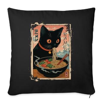 Chat noir dégustant ramen japonais - Housse de coussin décorative 45 x 45 cm - noir - Devant