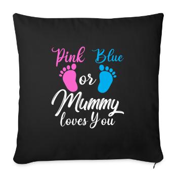 Tshirt rose ou bleu de révélation de sexe momie enceinte - Housse de coussin décorative 45 x 45 cm - noir - Devant