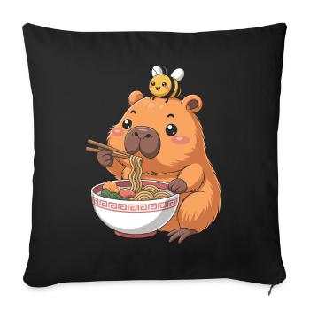 Ramen au capybara et à l'abeille kawaii - Housse de coussin décorative 45 x 45 cm - noir - Devant