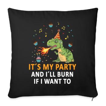 Dino Party avec souffle de feu et chapeau d’anniversaire - Housse de coussin décorative 45 x 45 cm - noir - Devant