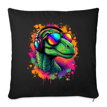 Neon Dino with Headphones Velociraptor T-Shirt Dino - Sofa pillowcase 17,3'' x 17,3'' (45 x 45 cm) - black - Front