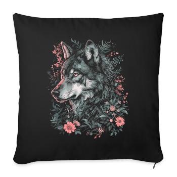 Loup Tête de loup Fleurs Plantes Nature Nature sauvage Art - Housse de coussin décorative 45 x 45 cm - noir - Devant
