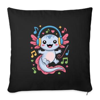 Kawaii Axolotl with Headphones and Musical Notes - Sofa pillowcase 17,3'' x 17,3'' (45 x 45 cm) - black - Front