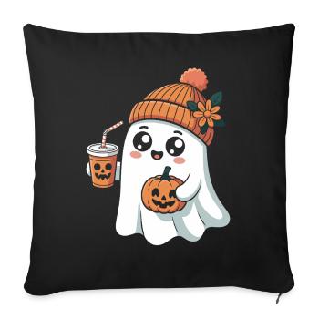 Fantôme mignon avec latte à la citrouille et aux épices - Housse de coussin décorative 45 x 45 cm - noir - Devant