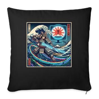 Cyber Samurai 模式 in front of waves and Fuji - Sofa pillowcase 17,3'' x 17,3'' (45 x 45 cm) - black - Front