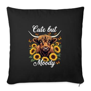 Vache Highland mignonne mais mélancolique et tournesols - Housse de coussin décorative 45 x 45 cm - noir - Devant