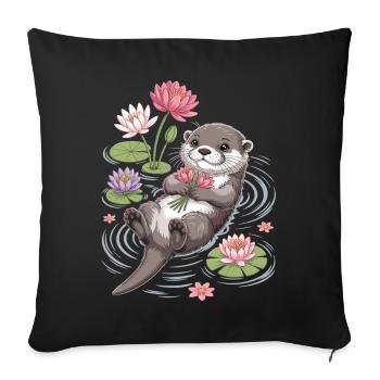 T-shirt Loutre avec des nénuphars – Motif animal mignon - Housse de coussin décorative 45 x 45 cm - noir - Devant