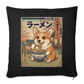 Corgi Ramen style vintage japonais - Housse de coussin décorative 45 x 45 cm - noir - Devant