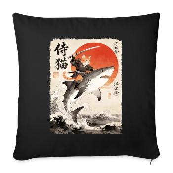 Chat samouraï, guerrier et combattant japonais, requin - Housse de coussin décorative 45 x 45 cm - noir - Devant