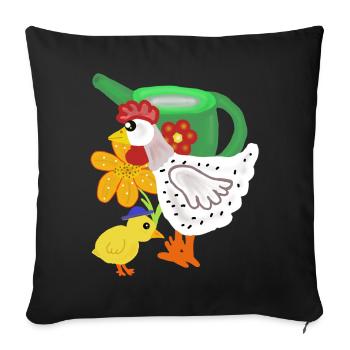 Huhn und Küken im Blumengarten - Sofakissenbezug 45 x 45 cm - Schwarz - Vorne
