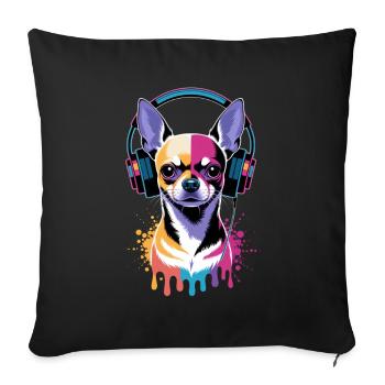 Chihuahua mit Kopfhörer - Sofakissenbezug 45 x 45 cm - Schwarz - Vorne