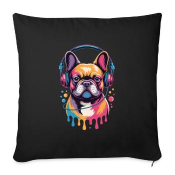 Bouledogue français Frenchie avec des écouteurs - Housse de coussin décorative 45 x 45 cm - noir - Devant
