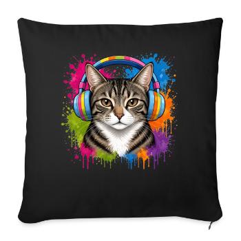 Chat avec écouteurs musicaux en couleur Splash Cats - Housse de coussin décorative 45 x 45 cm - noir - Devant
