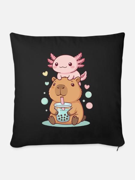 Kawaii Capybara mit Axolotl Bubble Tea - Sofakissenbezug 45 x 45 cm - Schwarz