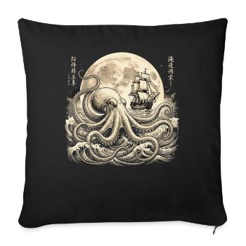 Vintage Oktopus unter Vollmond mit Segelschiff - Sofakissenbezug 45 x 45 cm - Schwarz - Vorne