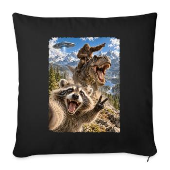 Lustiges Waschbär Selfie mit Bigfoot, T-Rex, UFO - Sofakissenbezug 45 x 45 cm - Schwarz - Vorne
